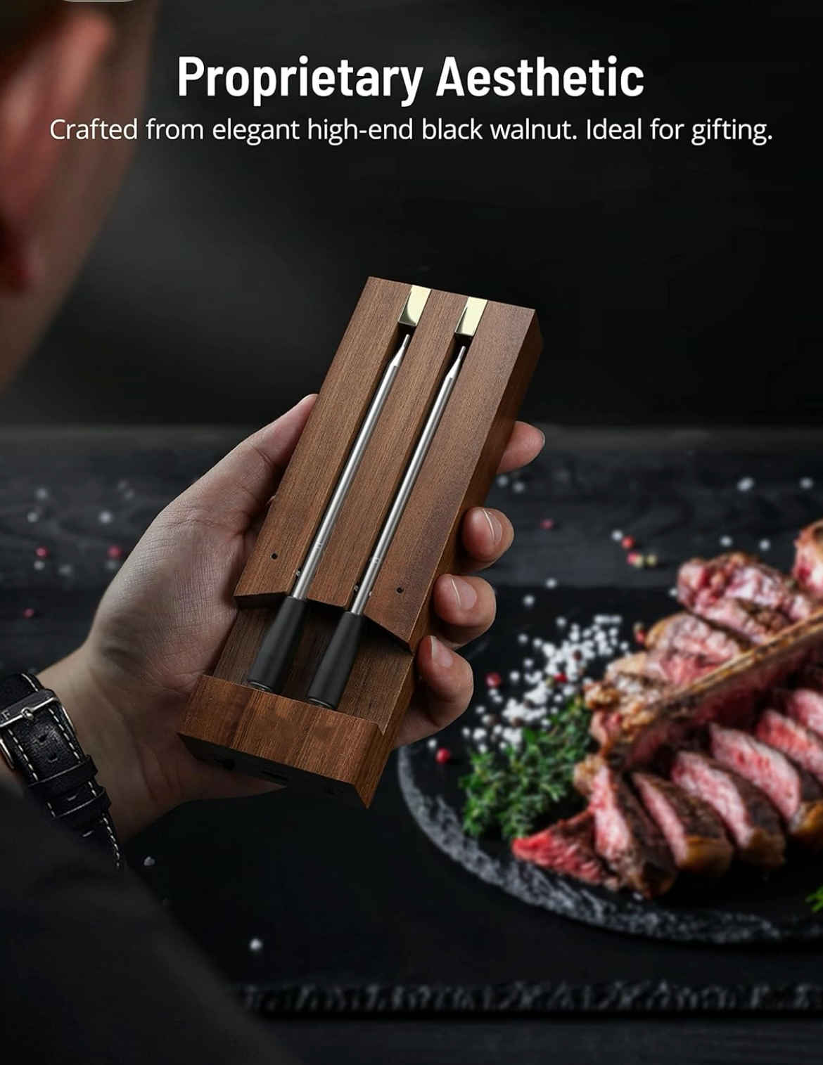 Wirless meat thermometer – Dual Walnut Digital Cooking Thermometer with Wireless Probe – 500Ft Remote Range Food Thermometer – with iOS & Android Read App -Preprogrammed Temperatures for BBQ, Oven, Grill