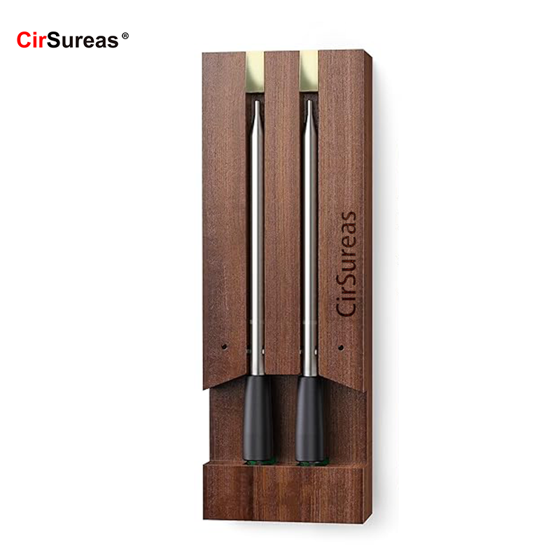 CirSureas Wirless meat thermometer – Dual Walnut Digital Cooking Thermometer with Wireless Probe – 500Ft Remote Range Food Thermometer – with iOS & Android Read App -Preprogrammed Temperatures for BBQ, Oven, Grill