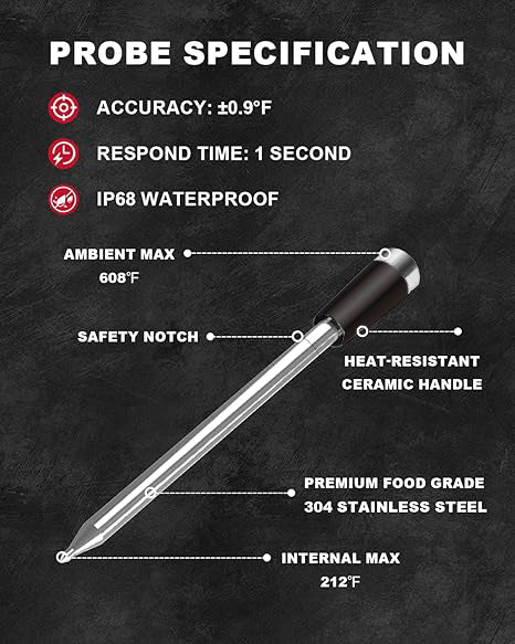 Cirsureas Ceramic Probe Thermometer – Wireless, 500°C for BBQ & Kitchen