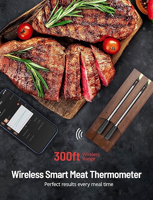 CirSureas Wirless meat thermometer – Dual Walnut Digital Cooking Thermometer with Wireless Probe – 500Ft Remote Range Food Thermometer – with iOS & Android Read App -Preprogrammed Temperatures for BBQ, Oven, Grill