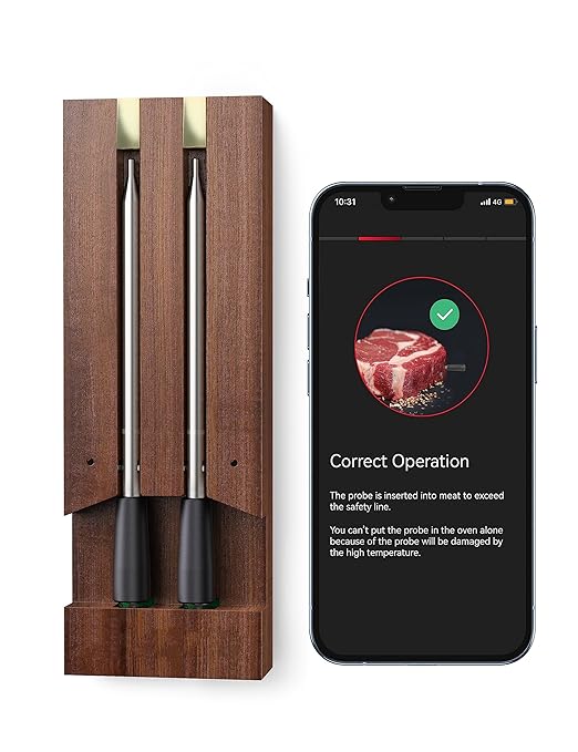 Wirless meat thermometer – Dual Walnut Digital Cooking Thermometer with Wireless Probe – 500Ft Remote Range Food Thermometer – with iOS & Android Read App -Preprogrammed Temperatures for BBQ, Oven, Grill