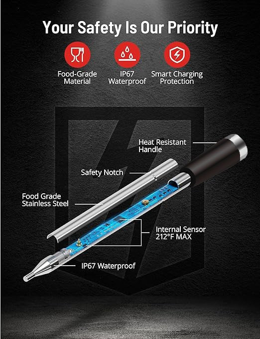 Cirsureas Bluetooth Meat Thermometer – 500ft Range, Single Probe for Steaks & Burgers