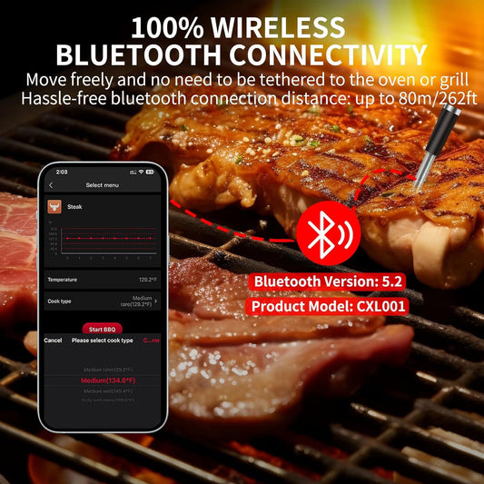 Cirsureas Bluetooth Meat Thermometer – 500ft Range, Single Probe for Steaks & Burgers