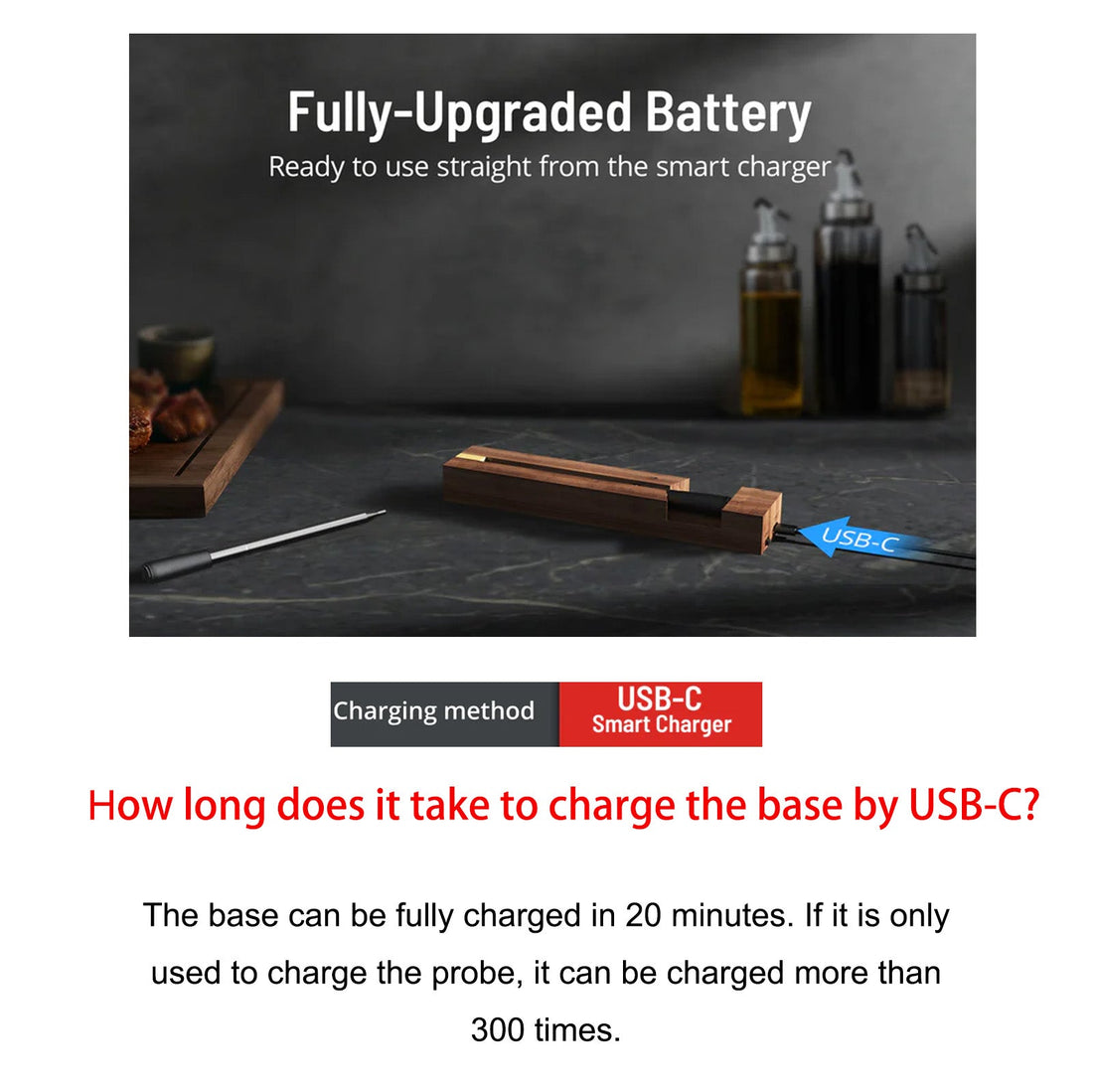 How long does it take to charge the CirSureas wireless meat thermometer base by USB-C?