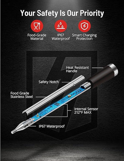 Cirsureas Bluetooth Meat Thermometer – 500ft Range, Single Probe for Steaks & Burgers