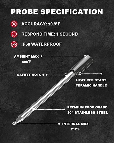 Cirsureas Ceramic Probe Thermometer – Wireless, 500°C for BBQ & Kitchen